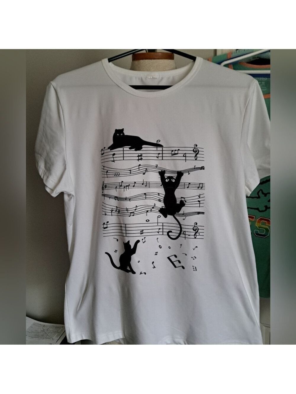 White BLACK CAT sheet Music Notes Ladies TEE Thsirt Top Stretch M